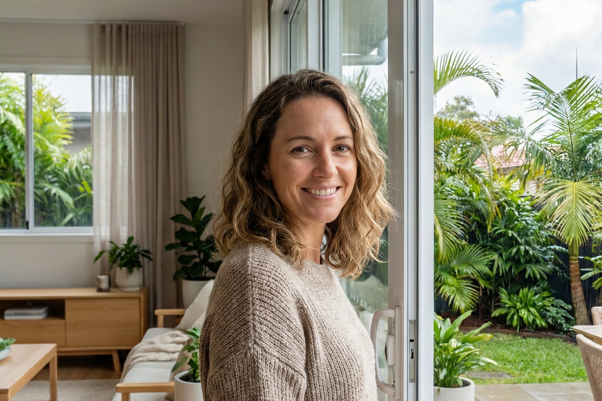 Woman smiling indoors with garden view.