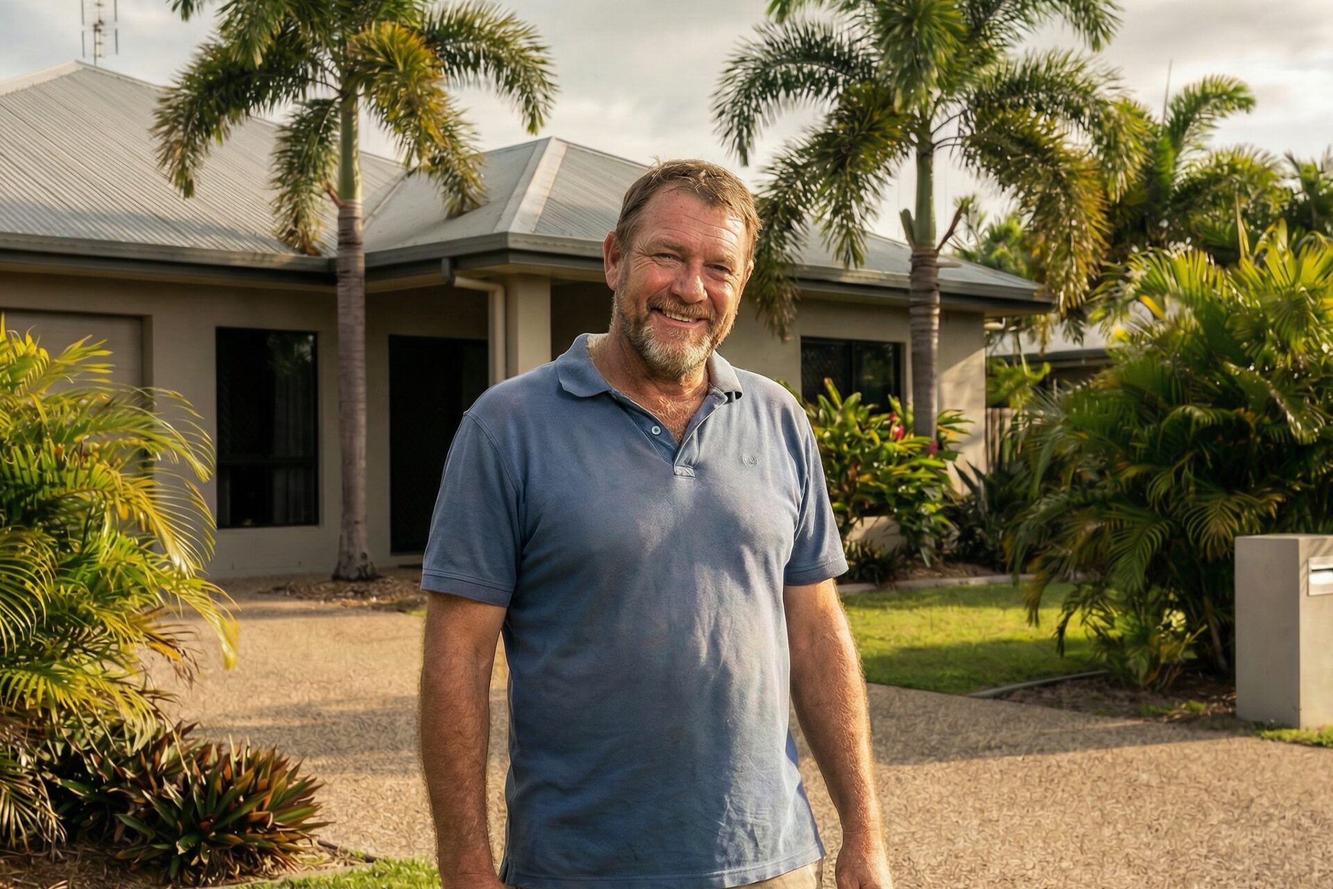 Man smiling in front of house with palm trees.