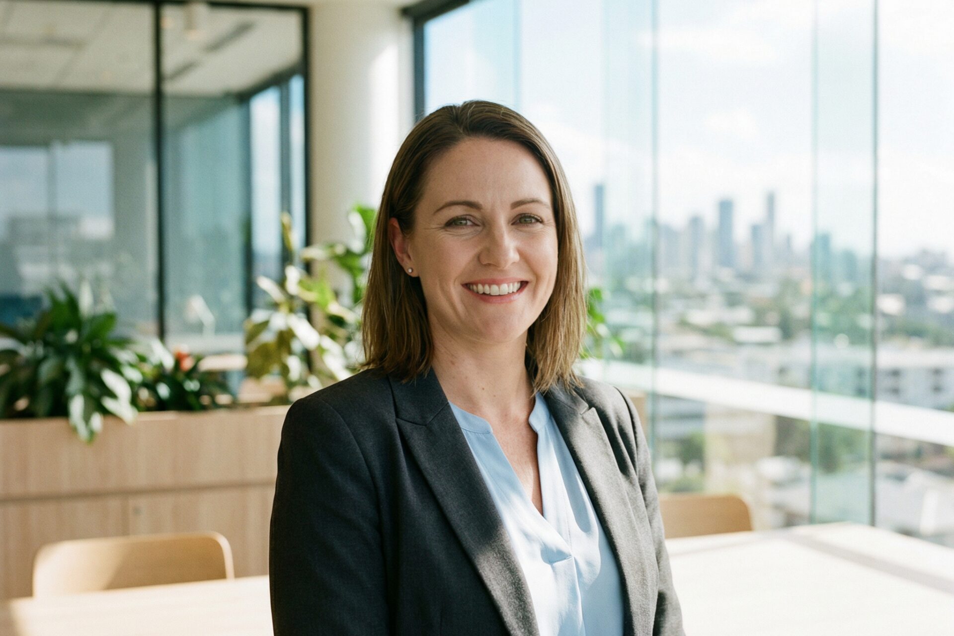 Smiling woman in office with city view.